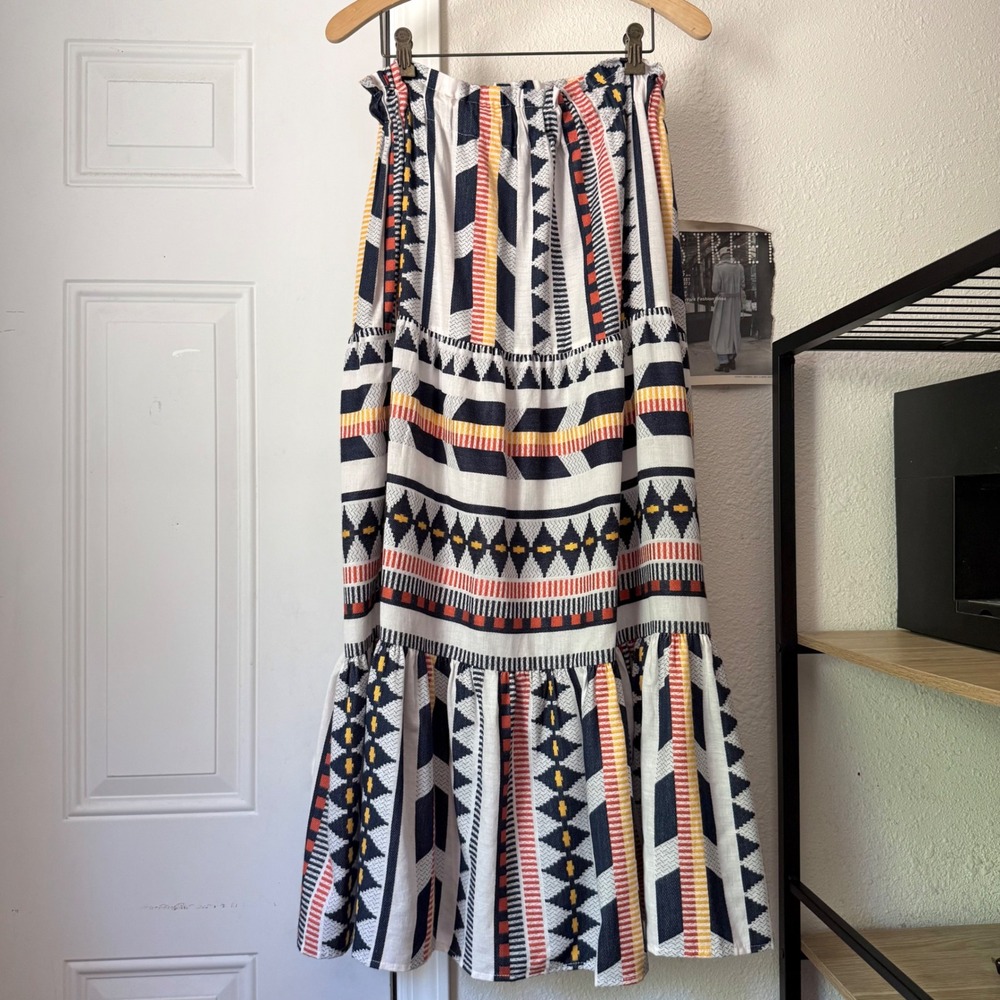 MUDO COLLECTION white multicolor tribal geo pull on tiered full midi maxi skirt